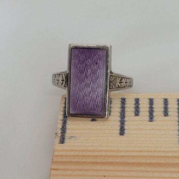 Vintage Art Deco Purple Signet Ring Sterling Silver Guilloche Ostby Barton - Picture 13 of 14